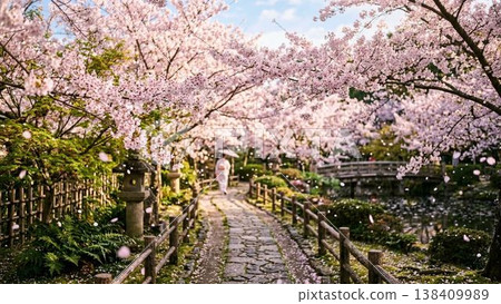 春日里，櫻花盛開的日式花園中，一位身著和服的女子沿著石板路漫步。 138409989