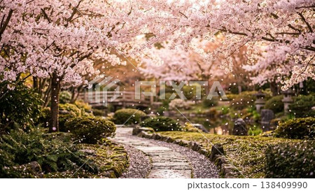 日式花園景色，櫻花隨風搖曳，鼓橋橫跨，石板路蜿蜒而過，展現出傳統的日本春季風情。 138409990