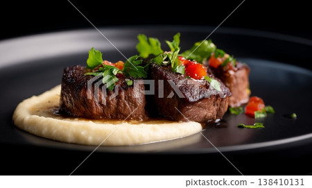Grilled beef steak medallions served with creamy puree and herbs fine dining presentation 138410131
