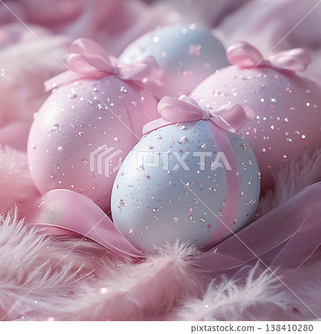 Close-up of pink and blue Easter eggs with glitter and silk ribbons in soft feathers. Elegant feminine holiday decor with copy-space. 138410280
