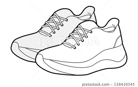 Woman running sneaker shoe sketch pair. Chunky casual sport footwear for walk, city outfit, weekend look. Technical Woman running sneaker shoe sketch pair. Chunky casual sport footwear for walk, city outfit, weekend look. Technical 138410345