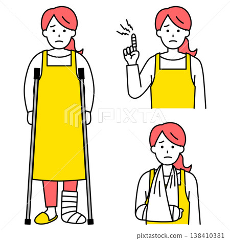 A set of a woman in an apron with injuries to her fingers, arms, and legs. 138410381