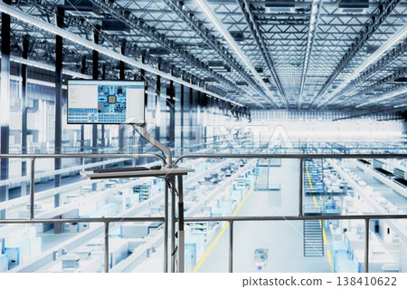 Software on monitor in empty microchip smart factory used to manage resource allocation. Program on display used to supervise CPU parts plant production lines operations efficiency Software on monitor in empty microchip smart factory used to manage resource allocation. Program on display used to supervise CPU parts plant production lines operations efficiency 138410622