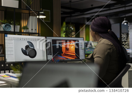 Game developer utilizes AI generated program to design spaceship station using deep learning, futuristic environment enhanced by machine learning based solutions and cloud computing. 138410726
