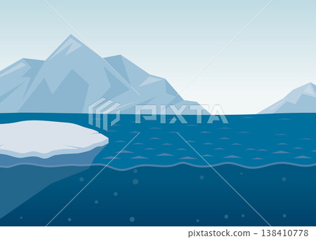 Minimalist Arctic Landscape with Icebergs and Ocean Stock Illustration. 138410778