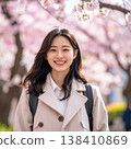A spring portrait of a woman with a backpack on, smiling gently amidst a row of cherry trees in full bloom. 138410869