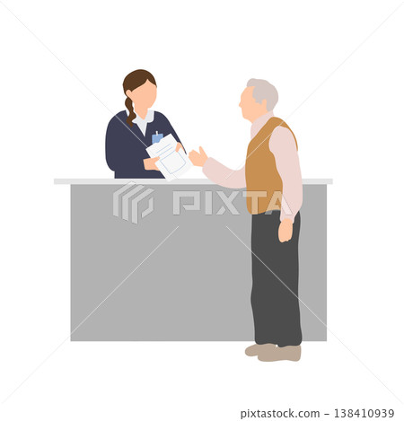 Medical illustration depicting an elderly person receiving medication and receiving an explanation at the reception desk. 138410939