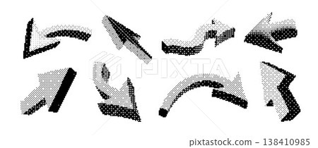 Black halftone arrow symbol set. Dotted arrowhead shape collection. Comic pop art direction or navigation icon bundle. Vector bitmap curved and straight pointer sign pack for infographic report poster Black halftone arrow symbol set. Dotted arrowhead shape collection. Comic pop art direction or navigation icon bundle. Vector bitmap curved and straight pointer sign pack for infographic report poster 138410985