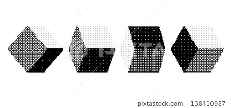 Pixelated cubes set. Bitmap 3D square form collection. Dither element pack for graphic design, banner, poster, leaflet. Halftone cube shape with rasterized effect. Vector pixel Y2K geometric bundle 138410987
