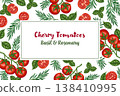 Tomato Cherry and basil leaves rectangular card background. Top view vector hand drawn illustration for cafe menu and restaurant template. Italian food cartoon drawing for product packaging design. 138410995