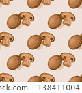 Brown champignon mushroom vector seamless pattern. Hand drawn portobello on beige background. Organic farm vegetable for restaurant design. Natural print for kitchen textile and product packaging. 138411004
