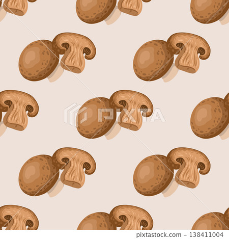 Brown champignon mushroom vector seamless pattern. Hand drawn portobello on beige background. Organic farm vegetable for restaurant design. Natural print for kitchen textile and product packaging. 138411004