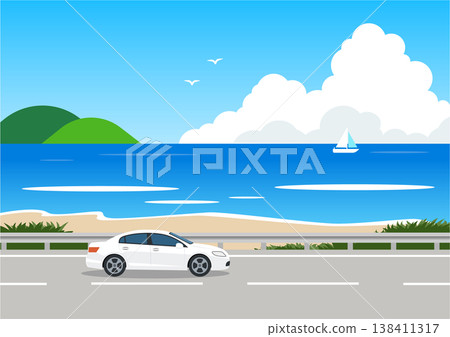 Vector illustration of a white sedan driving along a summer coastal road, with the sea, mountains, cumulonimbus clouds, and a yacht. 138411317