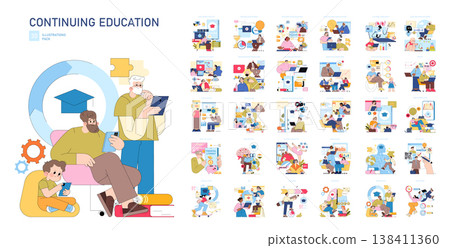 Vector illustration set depicting various continuing education concepts. Images include adults and children engaging in digital learning activities, emphasizing lifelong education and skill Vector illustration set depicting various continuing education concepts. Images include adults and children engaging in digital learning activities, emphasizing lifelong education and skill 138411360