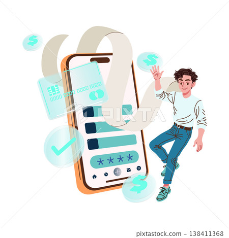 Vector illustration of a young man interacting with a mobile payment app, featuring digital elements like a credit card and currency symbols. The scene captures modern e-commerce. Vector illustration of a young man interacting with a mobile payment app, featuring digital elements like a credit card and currency symbols. The scene captures modern e-commerce. 138411368