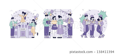 School vector illustration depicting a cheerful graduation celebration. The image shows students excitedly posing with diplomas and wearing caps, surrounded by confetti and balloons. School vector illustration depicting a cheerful graduation celebration. The image shows students excitedly posing with diplomas and wearing caps, surrounded by confetti and balloons. 138411394