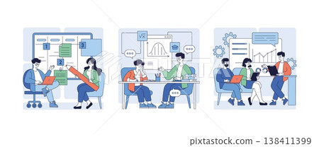 Vector illustration of three scenes depicting teamwork and collaboration in a work environment. People reviewing plans, brainstorming ideas, and discussing data charts together. Vector illustration of three scenes depicting teamwork and collaboration in a work environment. People reviewing plans, brainstorming ideas, and discussing data charts together. 138411399