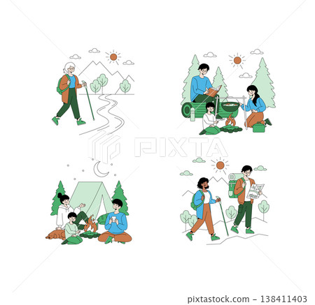 Vector illustration set showing outdoor activities. Scenes include hiking on a trail, cooking over a campfire, relaxing by a tent under the stars, and map reading during a hike. 138411403