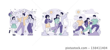 Vector illustration set showing three joyful scenes: friends dancing at a celebration, a couple walking under the sun, and friends jogging happily, highlighting fun and friendship. 138411404