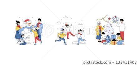 Vector illustration of joyful families enjoying winter activities and Christmas preparations. Families building a snowman, having a snowball fight, and decorating a Christmas tree. 138411408