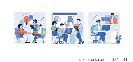 Business team in an office setting brainstorming and collaborating on projects. Team members interact with digital content on screens, focusing on creativity and problem-solving. 138411413