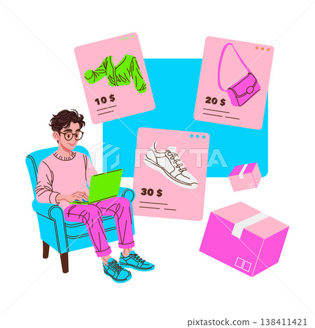 Vector illustration of a person sitting on a chair using a laptop for online shopping. Illustrated product cards displaying clothing, shoes, and a bag with prices float around. Boxes are placed nearby Vector illustration of a person sitting on a chair using a laptop for online shopping. Illustrated product cards displaying clothing, shoes, and a bag with prices float around. Boxes are placed nearby 138411421