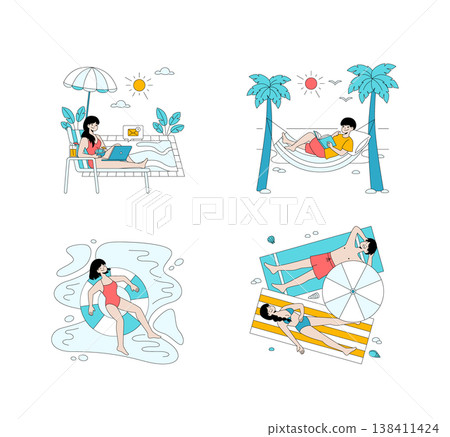 Vector illustration depicting vacation activities with people enjoying relaxation. Includes working by pool, reading in hammock, floating in pool, sunbathing. Bright and cheerful. 138411424