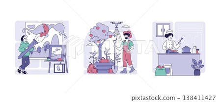 Vector illustration of three people engaged in creative professions. An artist painting, a gardener tending plants, and a chef cooking in the kitchen highlight diverse skills. Vector illustration of three people engaged in creative professions. An artist painting, a gardener tending plants, and a chef cooking in the kitchen highlight diverse skills. 138411427