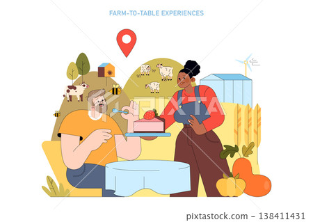 Vector illustration of two people engaging in a farm-to-table experience. A person serves cake to another at a table, surrounded by farm elements like cows and crops in a scenic setting. Vector illustration of two people engaging in a farm-to-table experience. A person serves cake to another at a table, surrounded by farm elements like cows and crops in a scenic setting. 138411431