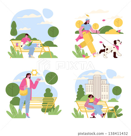Colorful vector illustration showcasing people engaged in various park activities. Scenes include reading on a bench, walking a dog, enjoying the sun, and sitting by a building. Colorful vector illustration showcasing people engaged in various park activities. Scenes include reading on a bench, walking a dog, enjoying the sun, and sitting by a building. 138411432