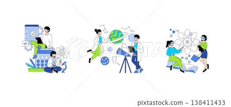 Vector illustration showing groups engaging in various scientific and tech-related tasks. The image includes coding, astronomy with a telescope, and analyzing atomic structures with VR. Vector illustration showing groups engaging in various scientific and tech-related tasks. The image includes coding, astronomy with a telescope, and analyzing atomic structures with VR. 138411433