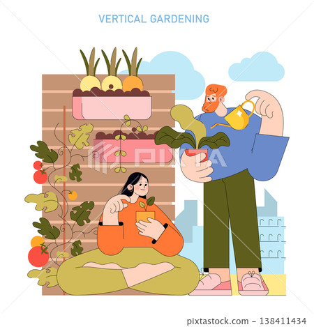 Vertical gardening vector illustration featuring two people caring for plants on a stacked garden setup. One person waters plants while the other holds a seedling, focusing on urban gardening concepts 138411434