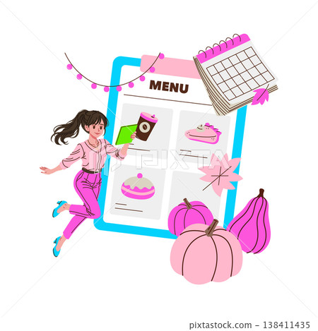 Woman holding a tablet in front of a colorful autumn-themed cafe menu with desserts and beverages surrounded by pumpkins and leaves in this playful vector illustration. 138411435