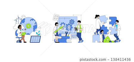 Vector illustration of people collaborating on sustainable energy projects, discussing innovation, and solving problems. Represents teamwork, green energy, and creative solutions. Vector illustration of people collaborating on sustainable energy projects, discussing innovation, and solving problems. Represents teamwork, green energy, and creative solutions. 138411436