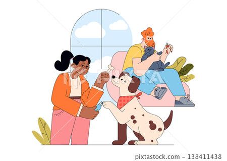 Vector illustration of a cheerful scene with people interacting with pets at home. One person plays with a dog, offering treats, while another grooms a cat. Calm domestic setting. Vector illustration of a cheerful scene with people interacting with pets at home. One person plays with a dog, offering treats, while another grooms a cat. Calm domestic setting. 138411438
