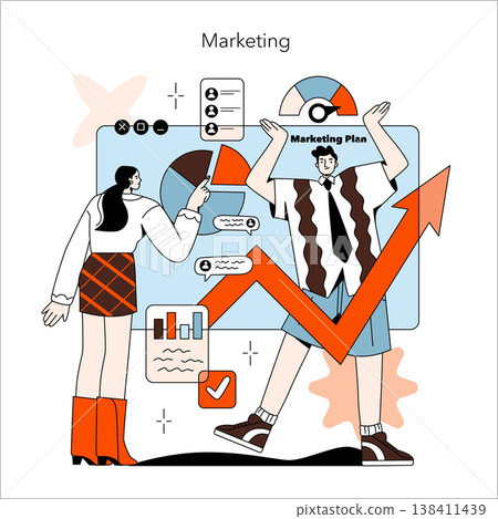 Vector illustration showing two people discussing a marketing plan with charts and graphs. The image includes elements like an upward arrow and pie charts representing growth and analysis. Vector illustration showing two people discussing a marketing plan with charts and graphs. The image includes elements like an upward arrow and pie charts representing growth and analysis. 138411439