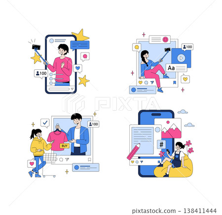Vector illustration of diverse individuals engaging in digital content creation on social media. Displays influencer activities like selfies, vlogging, shopping, and online interaction. Vector illustration of diverse individuals engaging in digital content creation on social media. Displays influencer activities like selfies, vlogging, shopping, and online interaction. 138411444