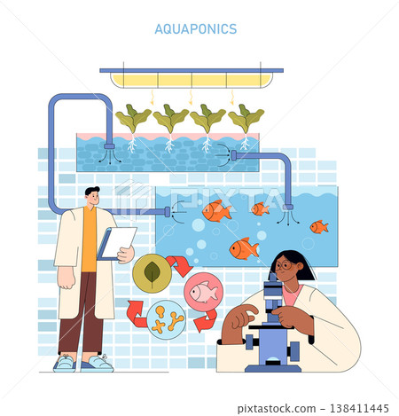 Vector illustration of an aquaponics system with two researchers engaged in the study. Plants grow above while fish swim below, integrating hydroponics and aquaculture in a sustainable loop. 138411445