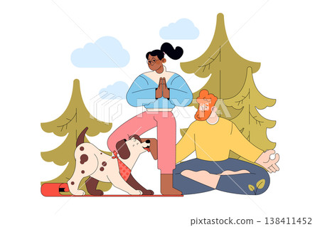 Vector illustration of two people practicing yoga outdoors with a dog. One person is in a standing yoga pose, while the other sits cross-legged. Green trees and clouds fill the background. Vector illustration of two people practicing yoga outdoors with a dog. One person is in a standing yoga pose, while the other sits cross-legged. Green trees and clouds fill the background. 138411452