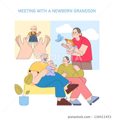 Family members joyfully meeting their newborn grandson. Includes scenes of grandparents holding the baby and smiling faces, capturing warmth and love in a vector illustration. Family members joyfully meeting their newborn grandson. Includes scenes of grandparents holding the baby and smiling faces, capturing warmth and love in a vector illustration. 138411453