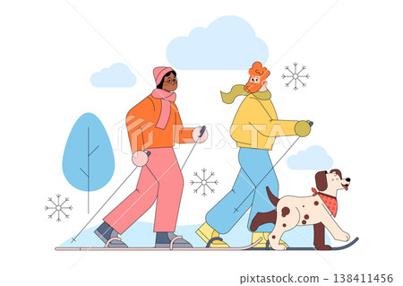 Two people and a dog enjoying skiing together in a snowy landscape. The vector illustration showcases their winter clothing and cheerful expressions in a fun outdoor activity. Two people and a dog enjoying skiing together in a snowy landscape. The vector illustration showcases their winter clothing and cheerful expressions in a fun outdoor activity. 138411456