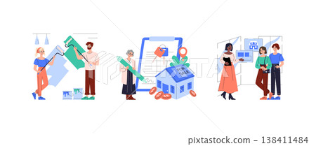 Vector illustration series featuring a couple painting, a real estate contract with a house for sale, and a real estate agent showing a home to clients. Ideal for home improvement and property market Vector illustration series featuring a couple painting, a real estate contract with a house for sale, and a real estate agent showing a home to clients. Ideal for home improvement and property market 138411484