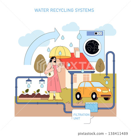 Vector illustration of a water recycling system showcasing rainwater collection using an umbrella and flow through a filtration unit. Depicts sustainable water usage at home and in gardening. Vector illustration of a water recycling system showcasing rainwater collection using an umbrella and flow through a filtration unit. Depicts sustainable water usage at home and in gardening. 138411489