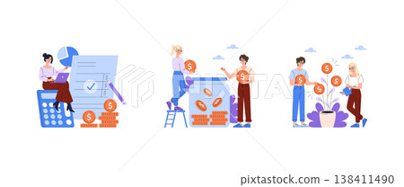 Vector illustration featuring people engaging in financial activities. Includes calculations, saving coins in jars, and nurturing investments, symbolizing financial planning and growth. Vector illustration featuring people engaging in financial activities. Includes calculations, saving coins in jars, and nurturing investments, symbolizing financial planning and growth. 138411490