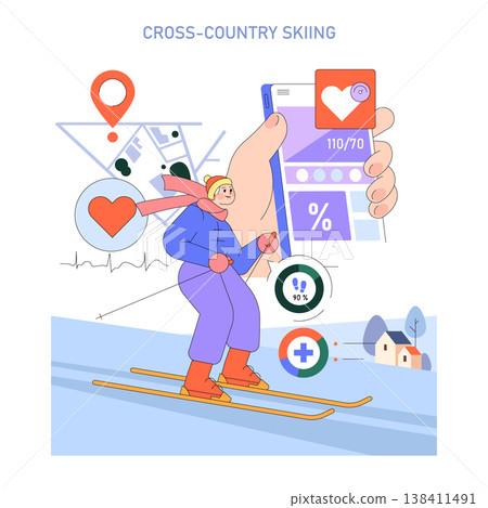 Vector illustration of a person skiing while using a health monitoring app. The image includes elements like a smartphone interface, heart rate, and location symbols for activity tracking. Vector illustration of a person skiing while using a health monitoring app. The image includes elements like a smartphone interface, heart rate, and location symbols for activity tracking. 138411491