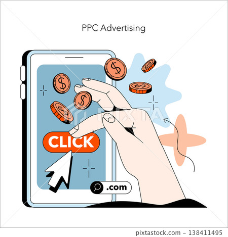 Vector illustration of a hand clicking a PPC advertising button on a smartphone screen with floating coins. Ideal for concepts related to online marketing, pay-per-click, and digital advertising. Vector illustration of a hand clicking a PPC advertising button on a smartphone screen with floating coins. Ideal for concepts related to online marketing, pay-per-click, and digital advertising. 138411495