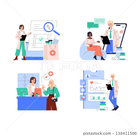 Vector illustration depicting medical professionals consulting patients and managing prescriptions. Includes diverse interactions like digital health monitoring, in-person advice, and medication Vector illustration depicting medical professionals consulting patients and managing prescriptions. Includes diverse interactions like digital health monitoring, in-person advice, and medication 138411500