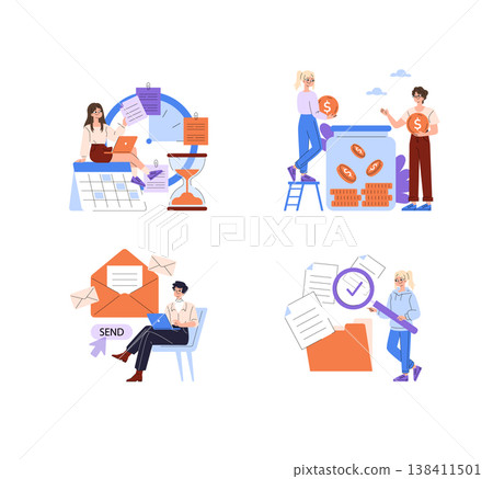 Business vector illustration showcasing four scenarios: time management with a calendar, saving money with a jar, sending emails with a laptop, and document organization with folders. Business vector illustration showcasing four scenarios: time management with a calendar, saving money with a jar, sending emails with a laptop, and document organization with folders. 138411501