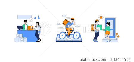 Vector illustration depicting online order processing, cycling delivery, and doorstep package handover. Emphasizes ecommerce, logistics, and courier service with efficient delivery concepts. Vector illustration depicting online order processing, cycling delivery, and doorstep package handover. Emphasizes ecommerce, logistics, and courier service with efficient delivery concepts. 138411504