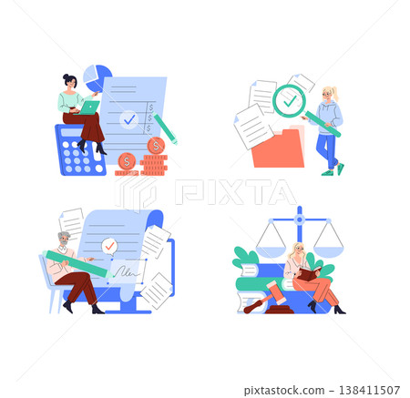 Business vector illustration set depicting various finance-related actions. Characters interact with elements like calculators and documents, showcasing accounting, analysis, and legal themes. Business vector illustration set depicting various finance-related actions. Characters interact with elements like calculators and documents, showcasing accounting, analysis, and legal themes. 138411507